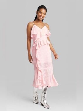 Wild Fable Pink Ruffle Midi Dress - 3D Embroidered Appliqué - Sz M
